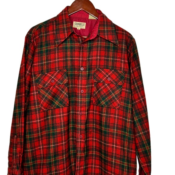 Men’s Red Flannel Shirt Plaid Gimbels Medium Wool Blend Cabincore Rustic - Picture 2 of 11